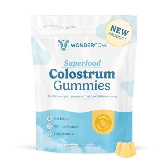 WONDERCOW Colostrum Gummies for Gut Health, Immune Support, Muscle Recovery & Wellness | Natural IgG Whole Bovine Colostrum Supplement, 1,000mg per Serving (90 Gummies (30 Servings), Vanilla Cream)