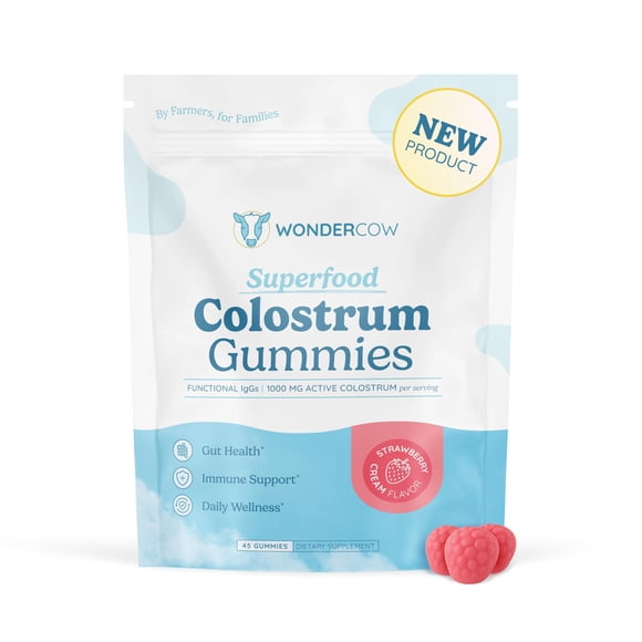 WONDERCOW Colostrum Gummies, Natural IgG Whole Bovine Colostrum Supplement, 1000mg per Serving, 45 Gummies, 15 Servings, Strawberry Cream