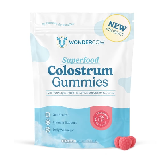 WONDERCOW Colostrum Gummies, Natural IgG Whole Bovine Colostrum Supplement, 1000mg per Serving, 90 Gummies, 30 Servings, Strawberry Cream