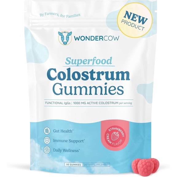 WONDERCOW Colostrum Gummies, Whole Bovine Colostrum Supplement, 1000mg per Serving, 90 Gummies, 30 Servings, Strawberry Cream