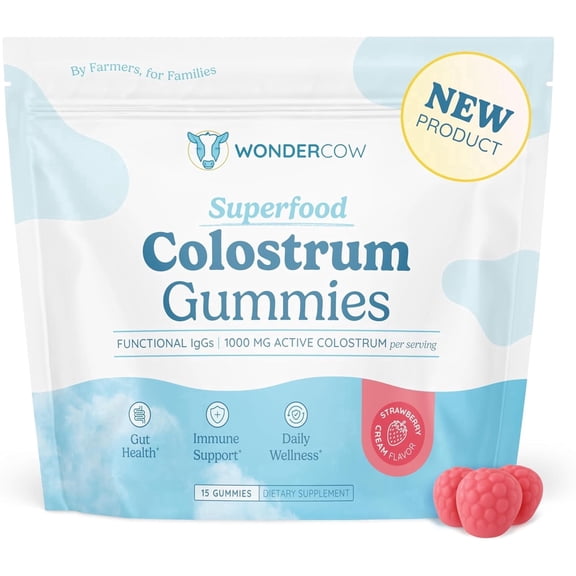 WONDERCOW Colostrum Gummies, Whole Bovine Colostrum Supplement, 1000mg per Serving, 15 Gummies, 5 Servings, Strawberry Cream
