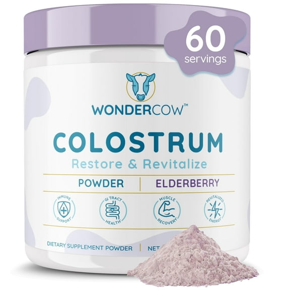 WONDERCOW Colostrum Supplement Powder for Gut Health, Immune Support, Muscle Recovery & Wellness | Natural IgG Pure Whole Bovine Colostrum Superfood, Elderberry, 60 Servings