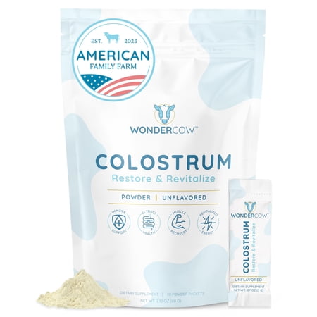 WONDERCOW Colostrum Supplement Powder for Gut Health, Immune Support, Muscle Recovery & Wellness | Natural IgG Pure Whole Bovine Colostrum Superfood, Unflavored, 30 Servings