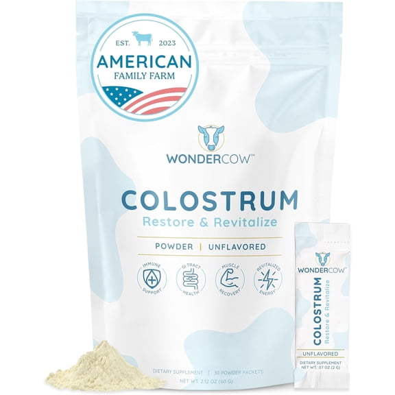 WonderCow Colostrum Supplement Powder for Gut Health, Immune Support, Muscle Recovery & Wellness | Natural IgG Pure Whole Bovine Colostrum Superfood, Unflavored, 30 Servings