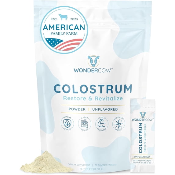 WonderCow Colostrum Supplement Powder for Gut Health, Immune Support, Muscle Recovery & Wellness | Natural IgG Pure Whole Bovine Colostrum Superfood, Unflavored, 30 Servings