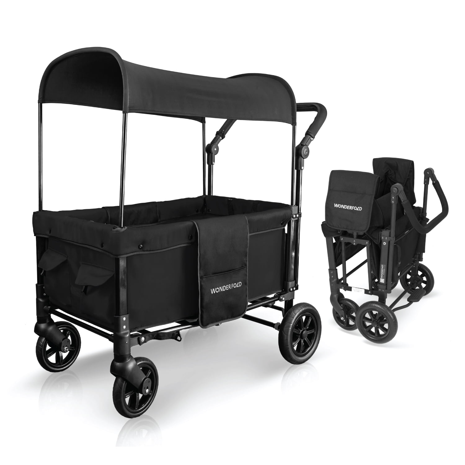 WONDERFOLD W1 Original Stroller Wagon (2 Seater) - Wagon Stroller with Seats with 5-Point Harnesses, Adjustable Push Handle, and Sun Canopy, Jet Black