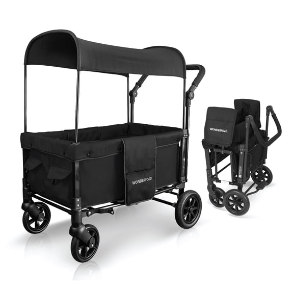 WONDERFOLD W1 Original Stroller Wagon (2 Seater) - Wagon Stroller with Seats with 5-Point Harnesses, Adjustable Push Handle, and Sun Canopy, Jet Black