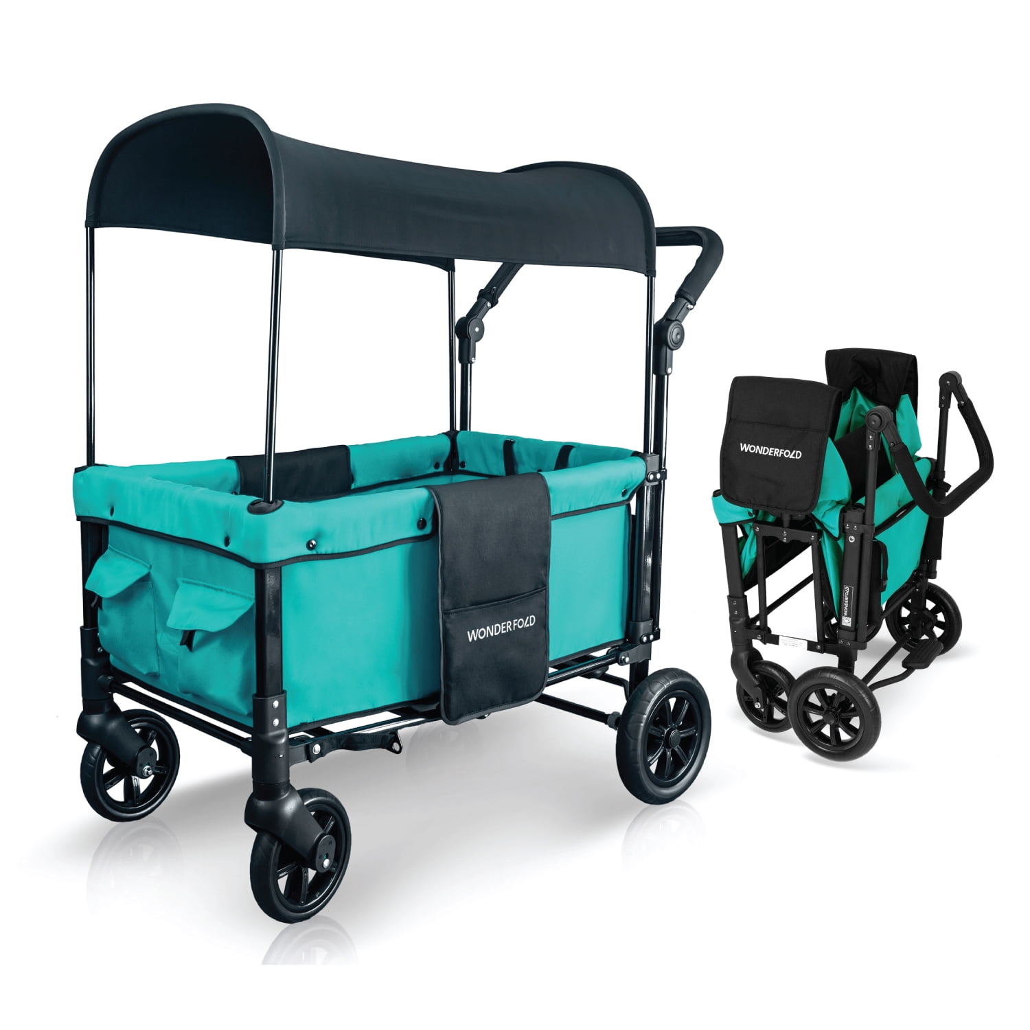 WONDERFOLD W1 Original Stroller Wagon (2 Seater) - Wagon Stroller with Seats with 5-Point Harnesses, Adjustable Push Handle, and Sun Canopy, Teal Green
