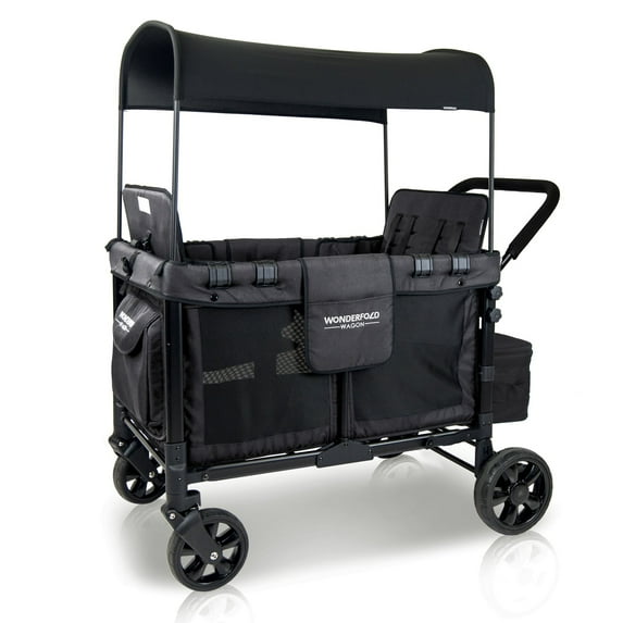 WONDERFOLD W4 4 Seater Multi-Function Quad Stroller Wagon with Removable Raised Seats and Slidable Canopy, Black