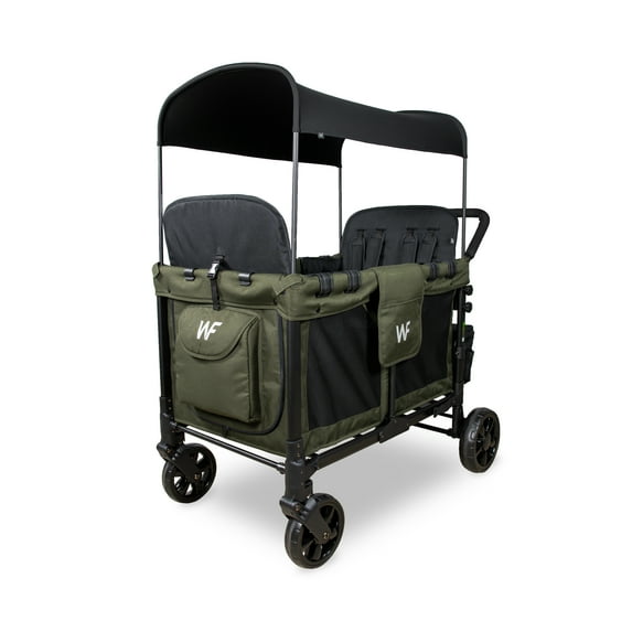 WONDERFOLD W4 4 Seater Multi-Function Quad Stroller Wagon with Removable Raised Seats and Slidable Canopy, Olive Green