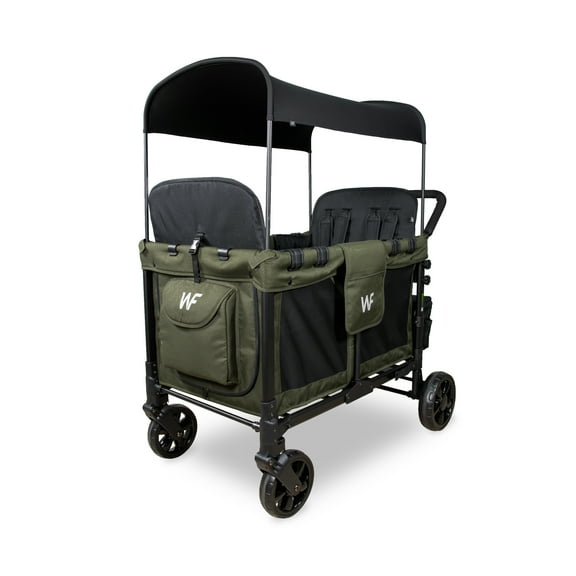 WonderFold W4 4 Seater Quad Stroller Wagon, Stylish All Terrain Ride with Raised Seats & Adjustable Canopy, Olive Green