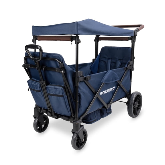 WONDERFOLD X2R Rev Stroller Wagon (2 Seater) - Collapsible Stroller Wagon with 5-Point Seatbelt Harnesses, Reclining Seats & Footwells, Navy