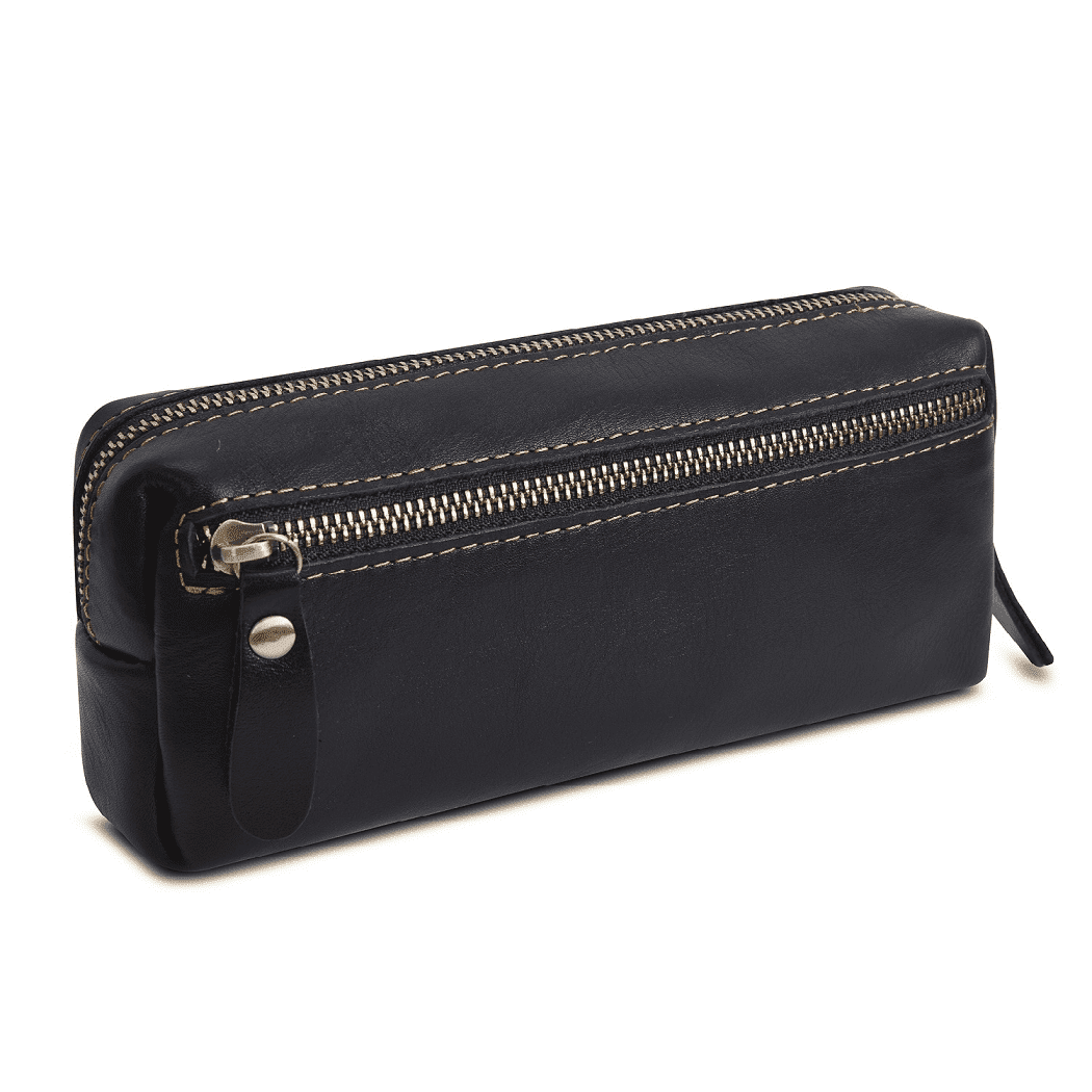 WONDERPOOL Pen Case Real Leather Pencil Pouch Markers Holder Big Capacity Bag with Side Zippered Pocket Sleeve for Stationery Makeup Utensils Organizer (Black)