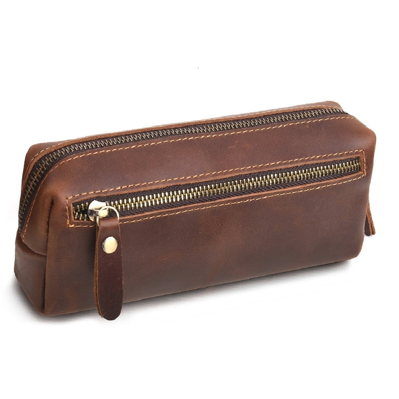 WONDERPOOL Pen Case Real Leather Pencil Pouch Markers Holder Big Capacity Bag with Side Zippered Pocket Sleeve for Stationery Makeup Utensils Organizer (Coffee)