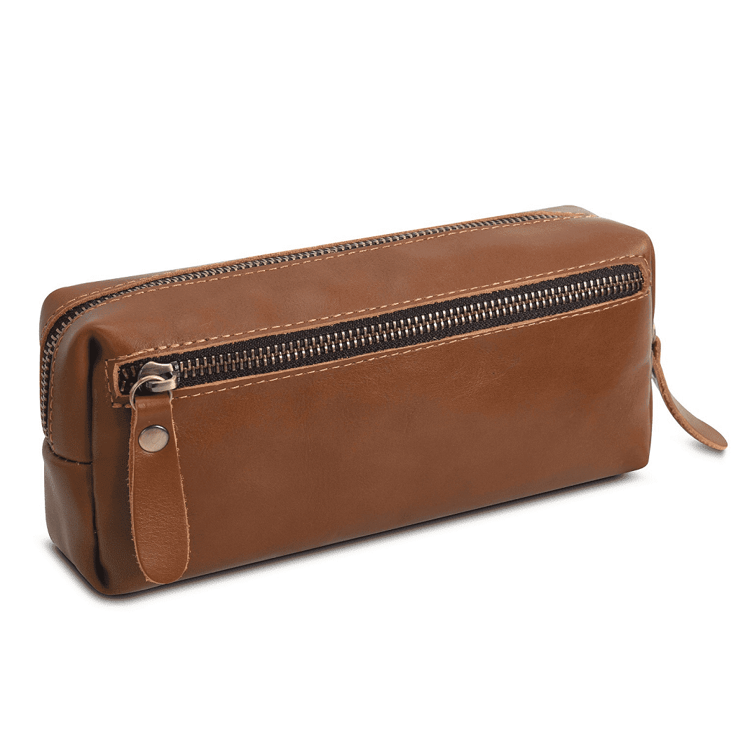 WONDERPOOL Pen Case Real Leather Pencil Pouch Markers Holder Big Capacity Bag with Side Zippered Pocket Sleeve for Stationery Makeup Utensils Organizer (Light brown)