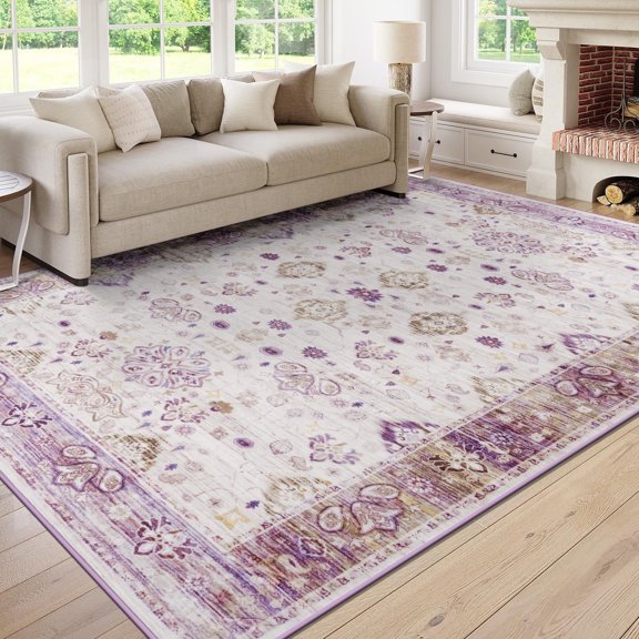 WONDO 4x6 Area Rugs for Living Room, Bedroom, Kitchen, Office - Washable Low Pile Vintage Boho Carpet, Soft & Non-Slip, Easy Clean - Perfect for Dining Room, Pruple Yellow