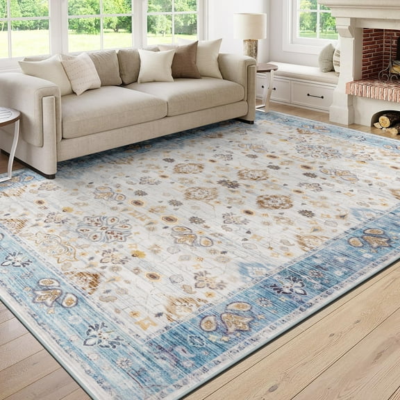 WONDO 6x9 Area Rugs for Living Room, Bedroom, Kitchen, Office - Washable Low Pile Vintage Boho Carpet, Soft & Non-Slip, Easy Clean - Perfect for Dining Room, Beige Blue