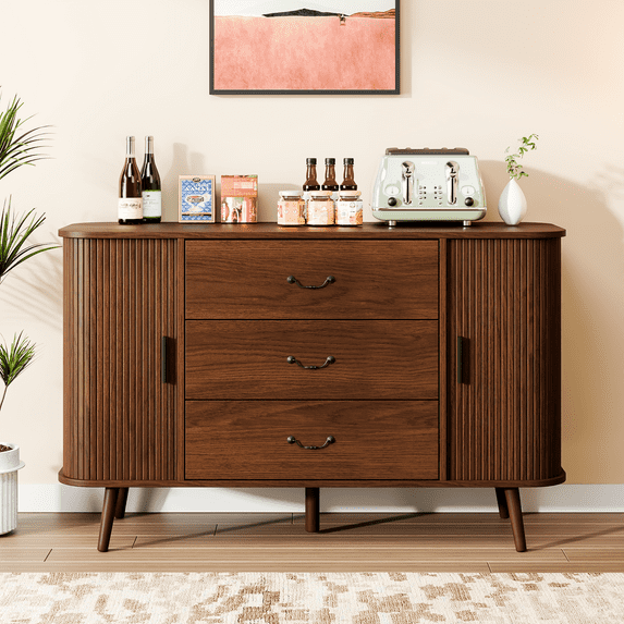 Hersunpl 48" Fluted Sideboard Buffet Cabinet with 3 Drawers & Sliding Doors, Shelves, Modern Farmhouse Storage Cabinet for Kitchen, Living Room,Coffee Bar - Walnut Color