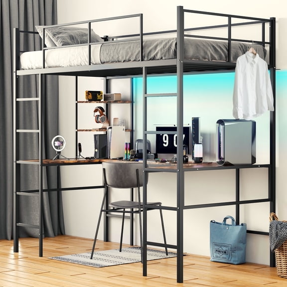 Hersunpl 78 Loft Bed with U-shaped Desk Loft Bed Queen With LED Lights & Storage for Teens,Adults,Space Saving,Black