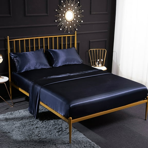 WONESION Satin Sheet Set 4 Piece Hotel Soft Sikly Deep Pocket Bed Sheets,Queen,Navy blue