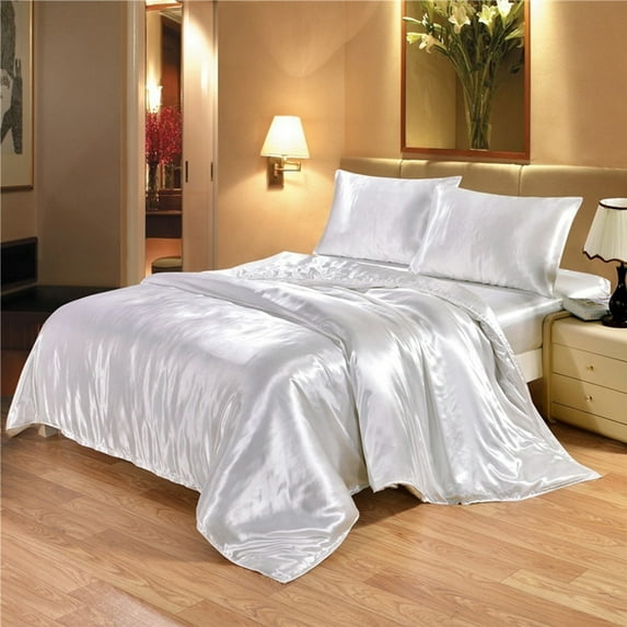 WONESION Satin Sheet Set 4 Piece Hotel Soft Sikly Deep Pocket Bed Sheets,Queen,White