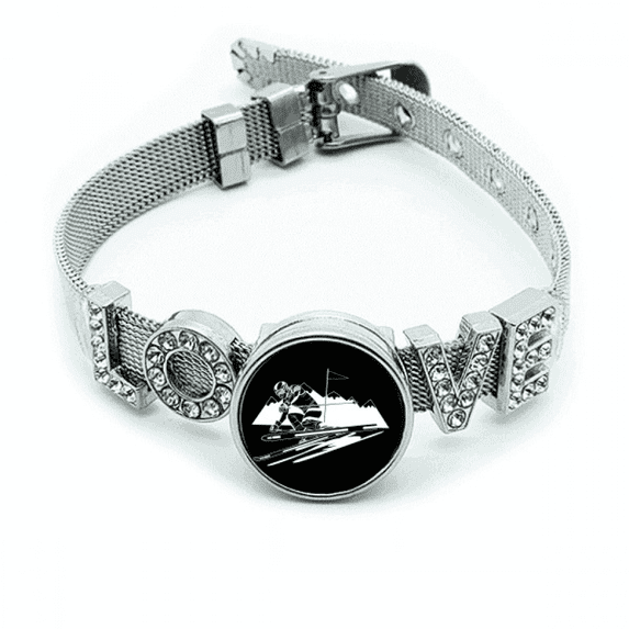 Winter Sport Skiing Black Illustration Bracelet Wristband Crystal Love Adjustable Bangle