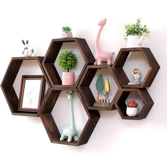 WONFUlity 6” x 24” Brown Hexagonal Floating Shelves 6-Tier Rustic Wood Storage (6 Pieces)