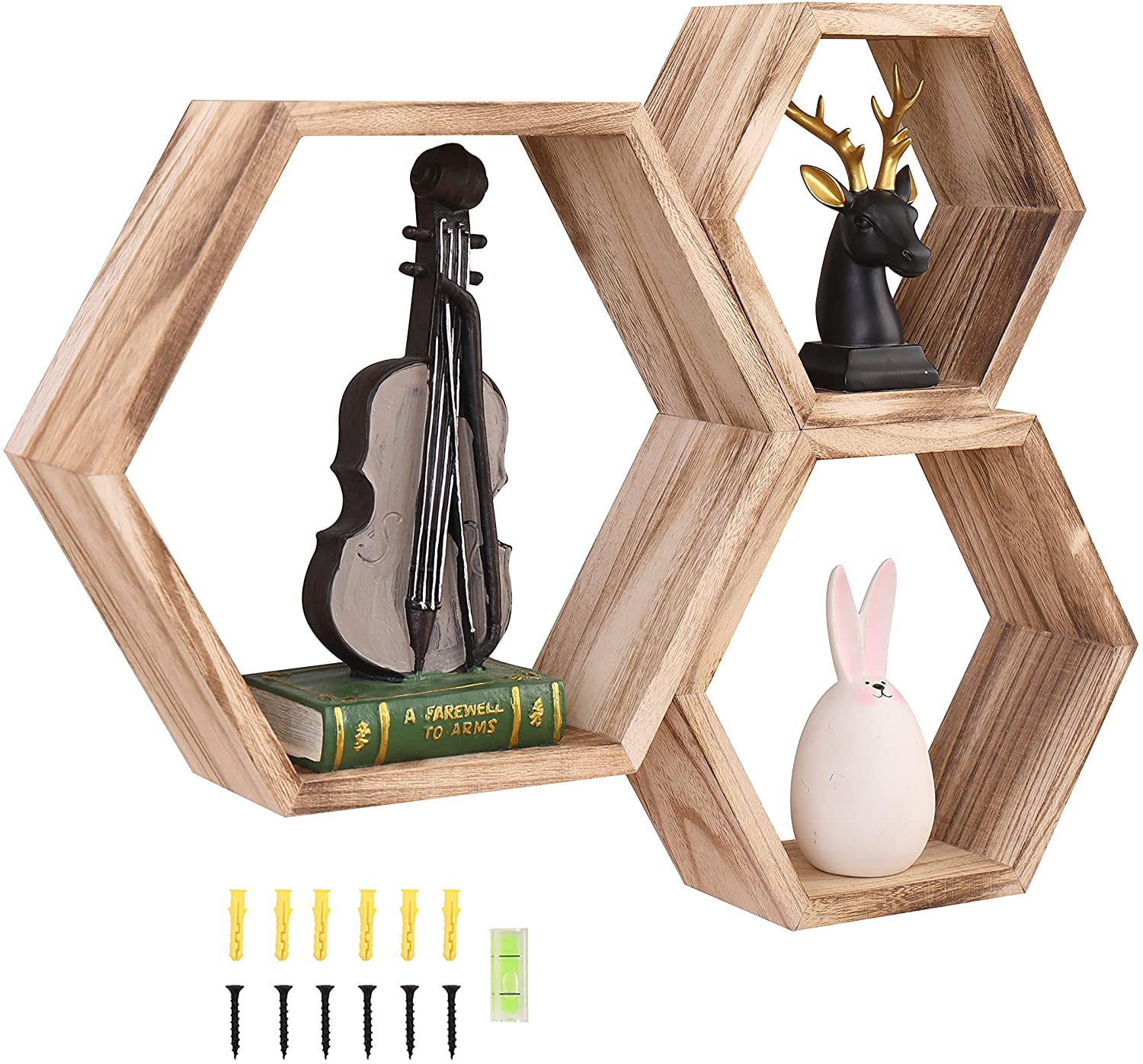 WONFUlity Hexagon Floating Shelves Wall Mounted Wood Farmhouse Storage Honeycomb Wall Shelf, Hexagonal Wall Shelves for Bedroom, Living Room, Office, 3pc, Rustic Fire Roast