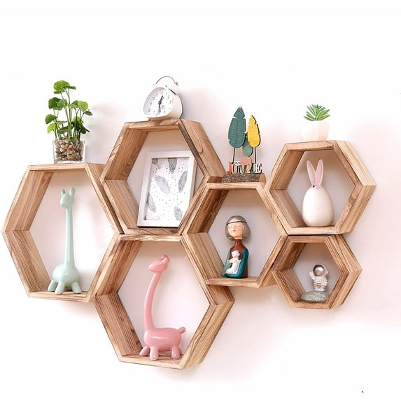 WONFUlity Hexagon Floating Shelves Wall Mounted Wood Farmhouse Storage Honeycomb Wall Shelf Set of 6, Hexagonal Wall Shelves for Bedroom, Living Room, Office,Rustic Fire Roast