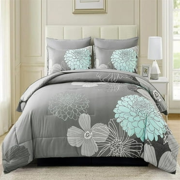 Dintszyayue Boho Floral Comforter King Size,3Pcs Aqua Microfiber Bedding Set Adult(90 "x104")