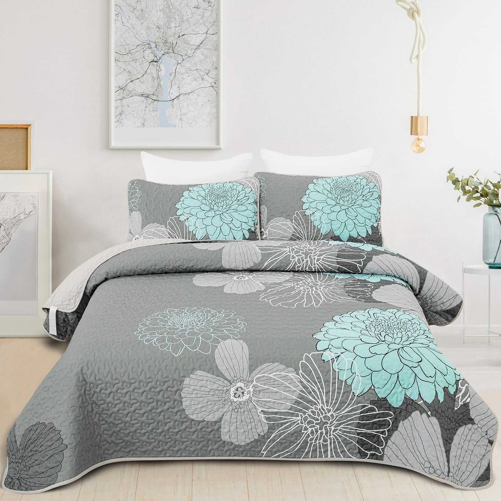 Dintszyayue Floral Quilt Set Queen,3Pcs Gray Bedding Set Lightweight Flower Coverlet Adult(90"x 96")