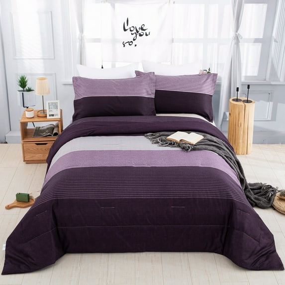 Dintszyayue Purple Stripe Comforter King Size,3Pcs Reversible Microfiber Bedding Set Adult(90"x104")