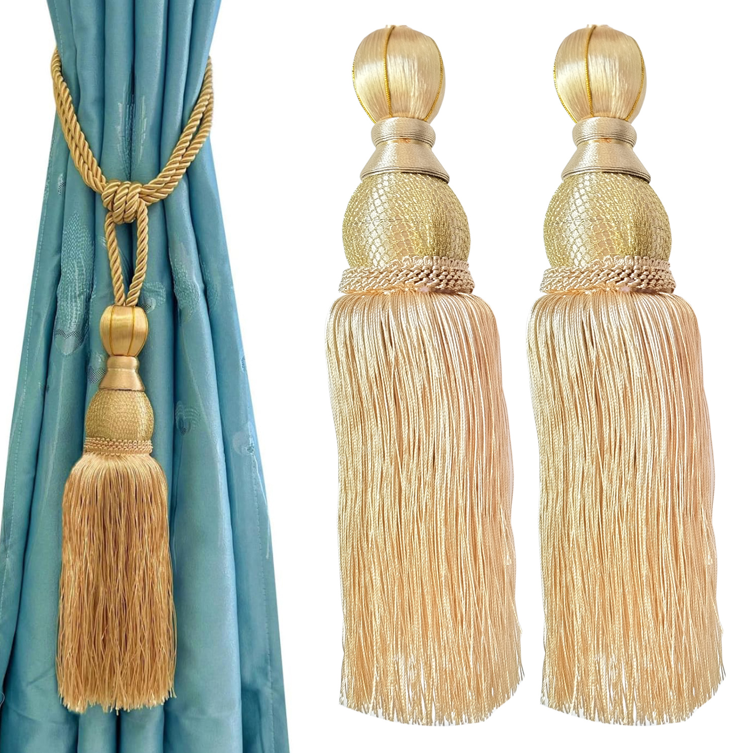 WONIU 2 Pack Tassel Curtain Holdbacks Rope Curtains Tiebacks Golden 