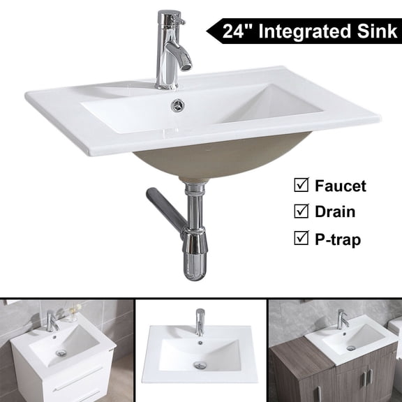 WONLINE 24" Vanity Top Integrated Sink Bowl White Ceramic + Faucet & Drain Bathroom Sink