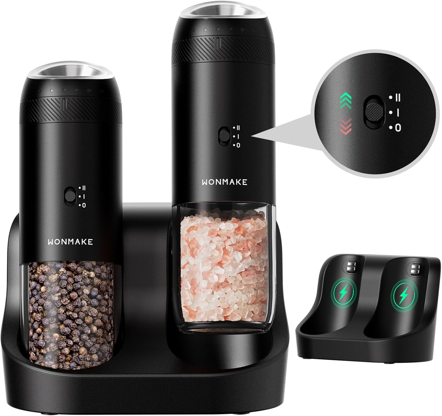 WONMAKE Gravity Electric Salt and Pepper Grinder Set with Charging Base, rechargeable salt  grinder