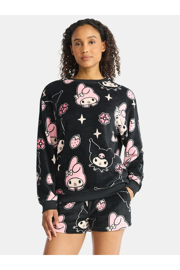 Sanrio Women's My Melody and Kuromi Print Plush Fleece Sweatshirt, Sizes XXS-XXL