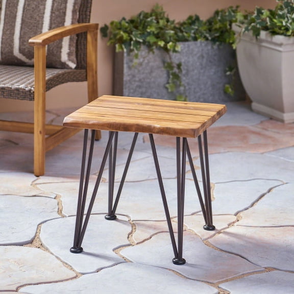 Zenith Outdoor Industrial Accent Table Set of 2, Solid Acacia Wood Weather Resistant Patio Side End Table with Powder Coated Iron Legs, Rustic Farmhouse Small Outdoor Accent Table for Backyard Balcon