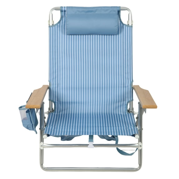 Mainstays Reclining Beach Chair with Backpack Straps and Wooden Armrests, Thin Blue Stripe