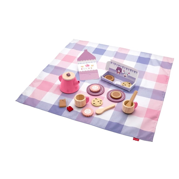 Fisher-Price Wooden Picnic Tea Set for Kids with Blanket, Wood Cups & Saucers, 18 Pieces