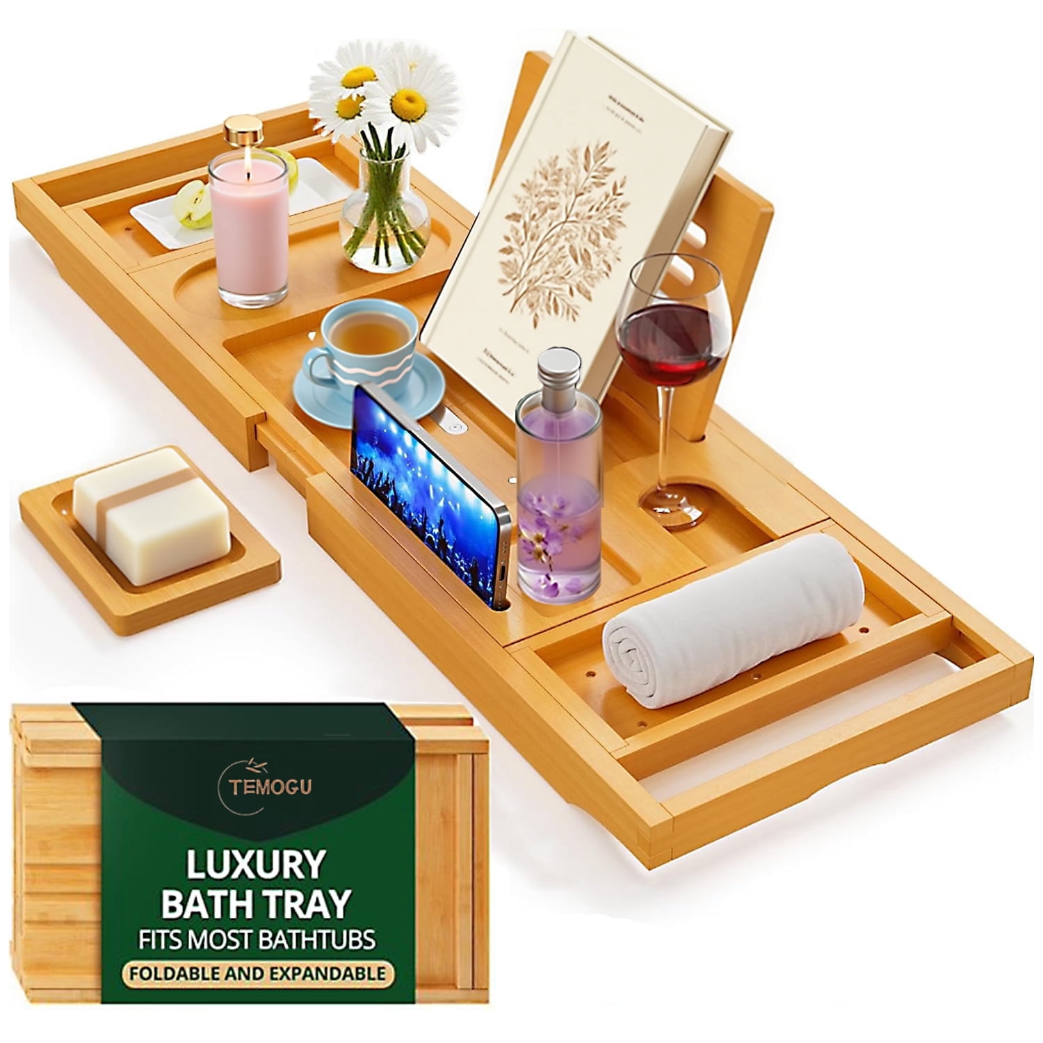 Premium Foldable Bathtub Tray Caddy - Wood Bath Tray for Tub, Bamboo Shelf, Adjustable Bath Table Trays, Bathtub & Bathroom Accessories for New Home & Mothers Day & Birthday Gifts for Mom