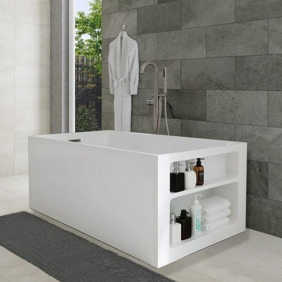 WOODBRIDGE 59" Acrylic Freestanding Bathtub Contemporary Soaking Tub with Brushed Nickel Overflow and Drain,White Tub,BTA0081