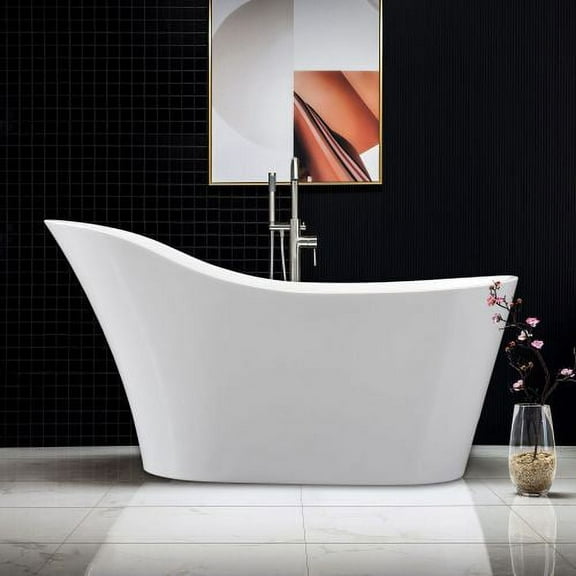 WOODBRIDGE 59" Modern Slipper Acrylic Freestanding Bathtub Comfortable Soaking, Brushed Nickel Drain & Overflow Assembly Included. B-0029
