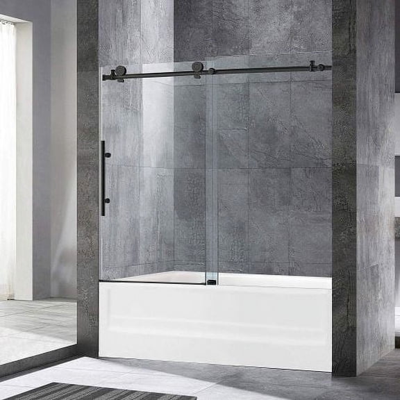 WOODBRIDGE Frameless Sliding Bathtub Shower, 56"-60" Width, 62" Height, 3/8" (10 mm) Clear Tempered Glass, Matte Black Finish, Designed for Smooth Door Closing and Opening. MTDC6062-MBL, 60"x62",
