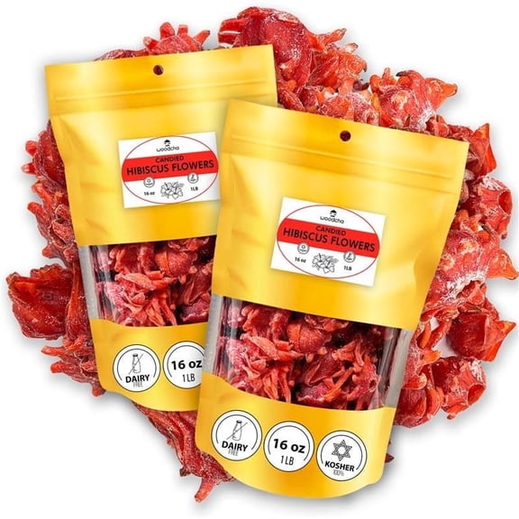 WOODCHA Candied Hibiscus, Dried Edible Flowers, Edible Hibiscus Flowers Cake Decorations, Hibiscus Food, Dehydrated Flowers, Roselle, Kosher, Vegan (2lb)