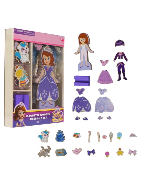 Disney Sofia the First Magnetic Wooden Dress-Up Set, Kids Magnetic Dress-Up Activity Set with 29 Wooden Pieces, Ages 3+