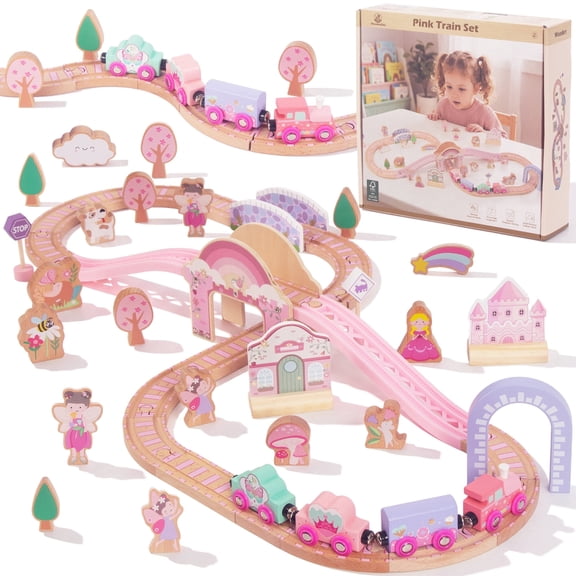 WOODENFUN Wooden Train Set for Girls,46Pcs Train Track Railway for Toddlers