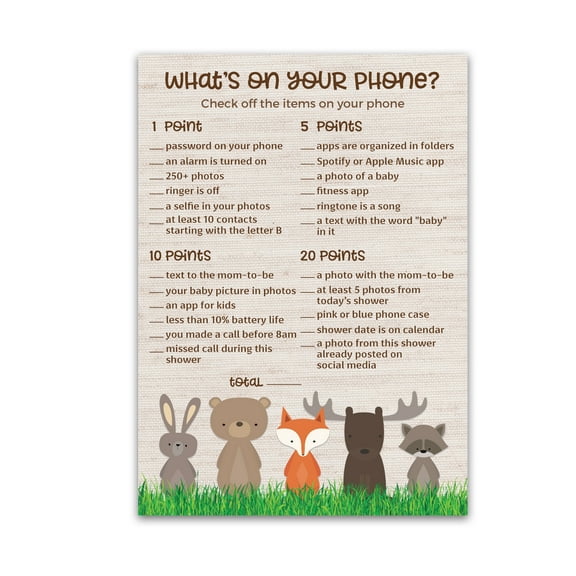 WOODLAND ANIMALS Baby Shower Game  WHAT'S ON YOUR PHONE Baby Shower Game  Pack of 25  Country Rustic GENDER NEUTRAL Baby Shower Games, Outdoors Fun Game Baby Shower Activity G601-PHN
