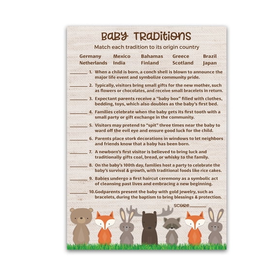 WOODLAND ANIMALS Baby Shower Games  BABY TRADITIONS around the World Game  Pack of 25  GENDER NEUTRAL Baby Shower Activity, Gender Reveal Party, Fun Baby Facts Trivia Game Couples Shower G601-BTW