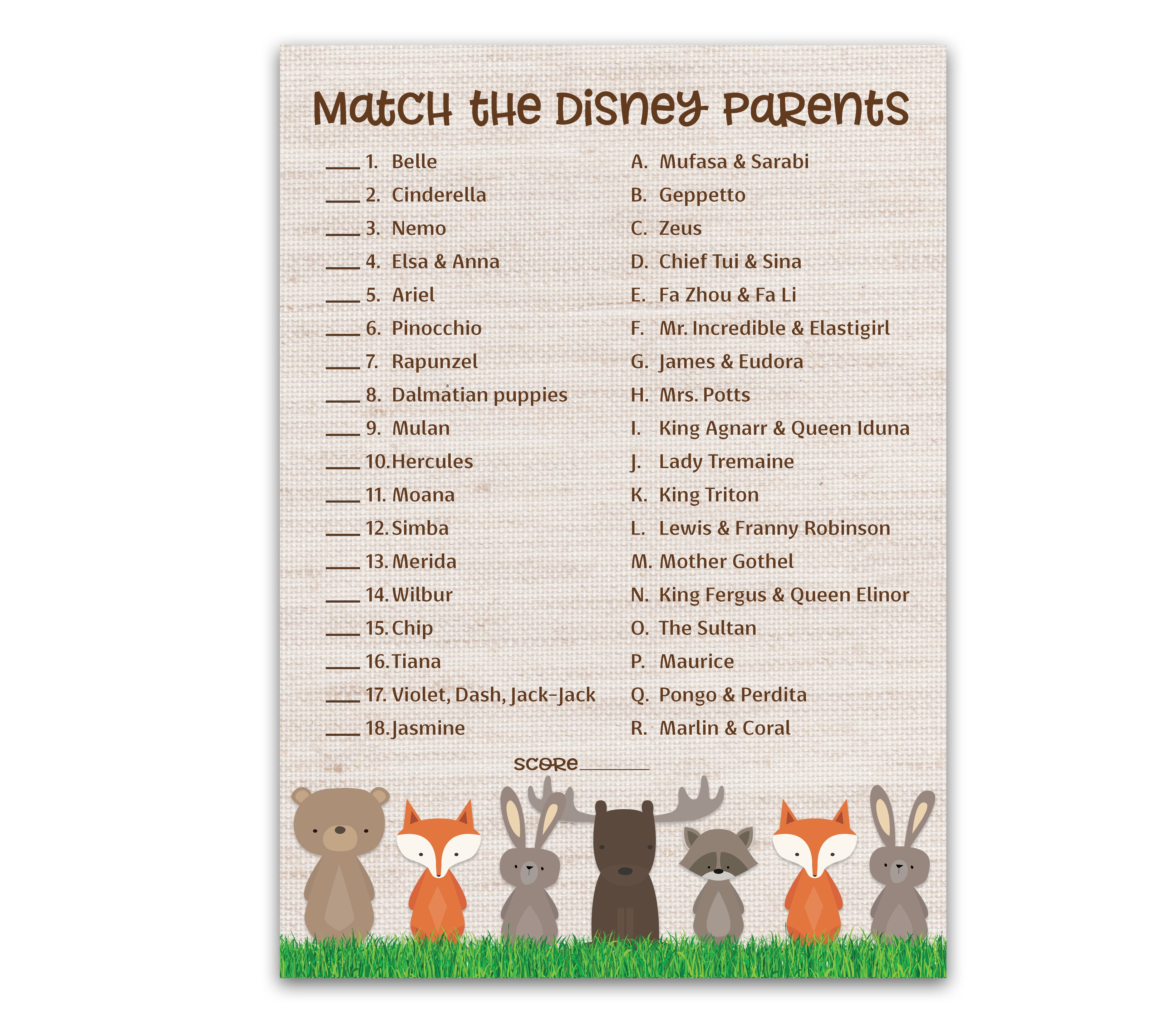 WOODLAND ANIMALS Baby Shower Games CARTOON PARENT MATCH Baby Shower Game  Set of 25  Country Rustic GENDER NEUTRAL Match Famous Parents Fun Shower Activity Star Kids Match Game G601-DPM