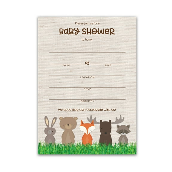 WOODLAND ANIMALS Baby Shower INVITATIONS.Pack of 25 Blank Fill-in INVITES, Country Rustic Forest Jungle Bear Animal Theme, Boy or Girl Couples Co-ed Shower Invitation Coed Gender Neutral I601-INV1